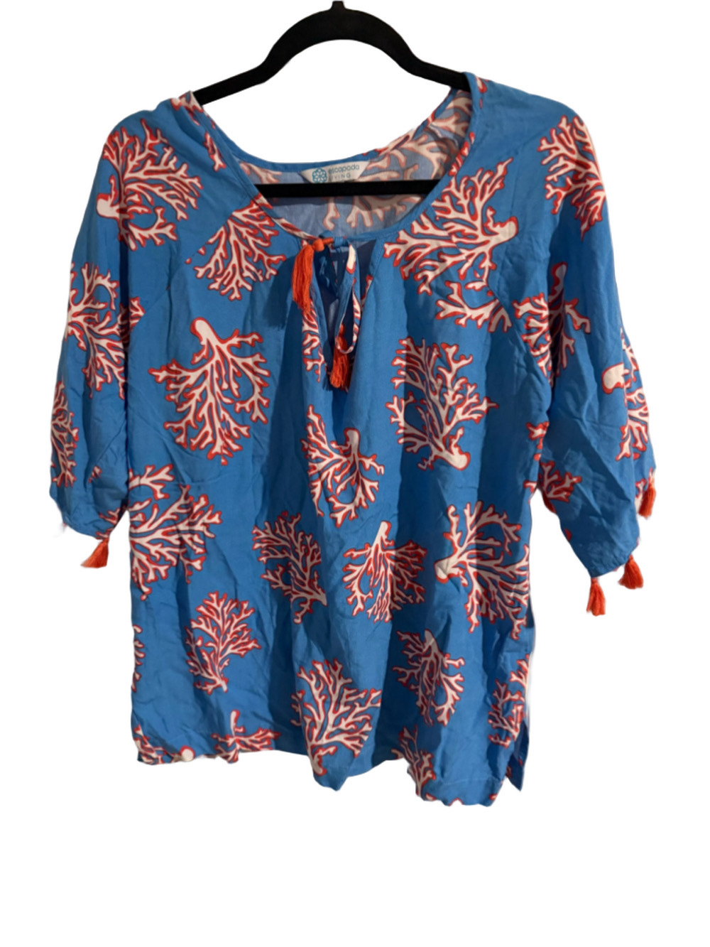 Escapada Living Blue Coral Print Tunic Top with Tassel Details – Size XL